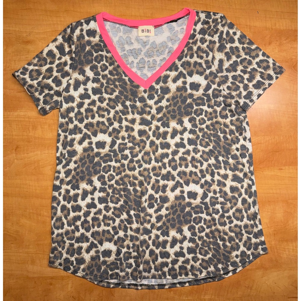 BiBi Leopard Print V-Neck Top Neon Pink Trim Short Sleeve Animal Print Tee XL